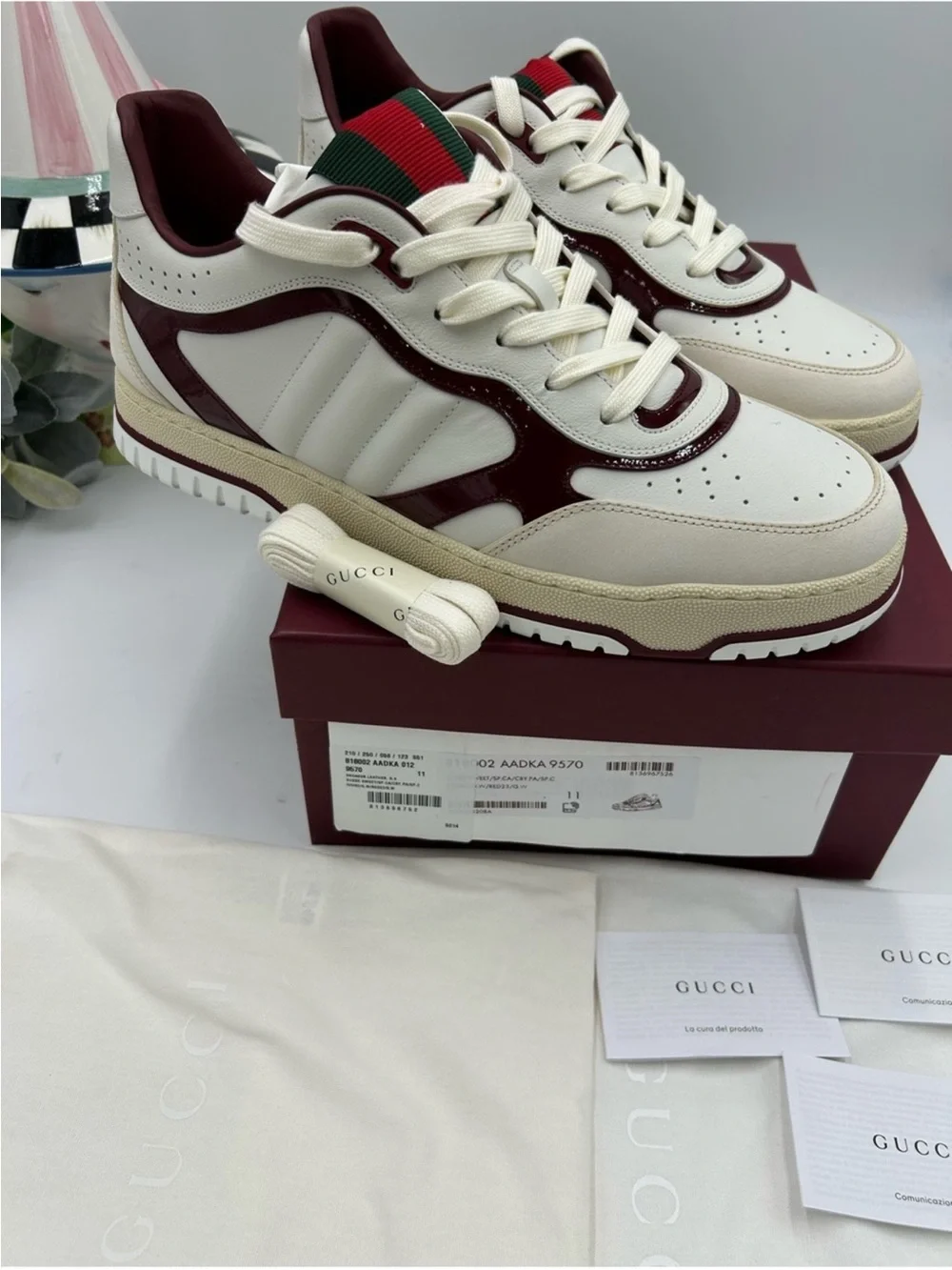 Men’s Gucci, re-web sneakers in white leather/patent trim size 11 fits 12 US